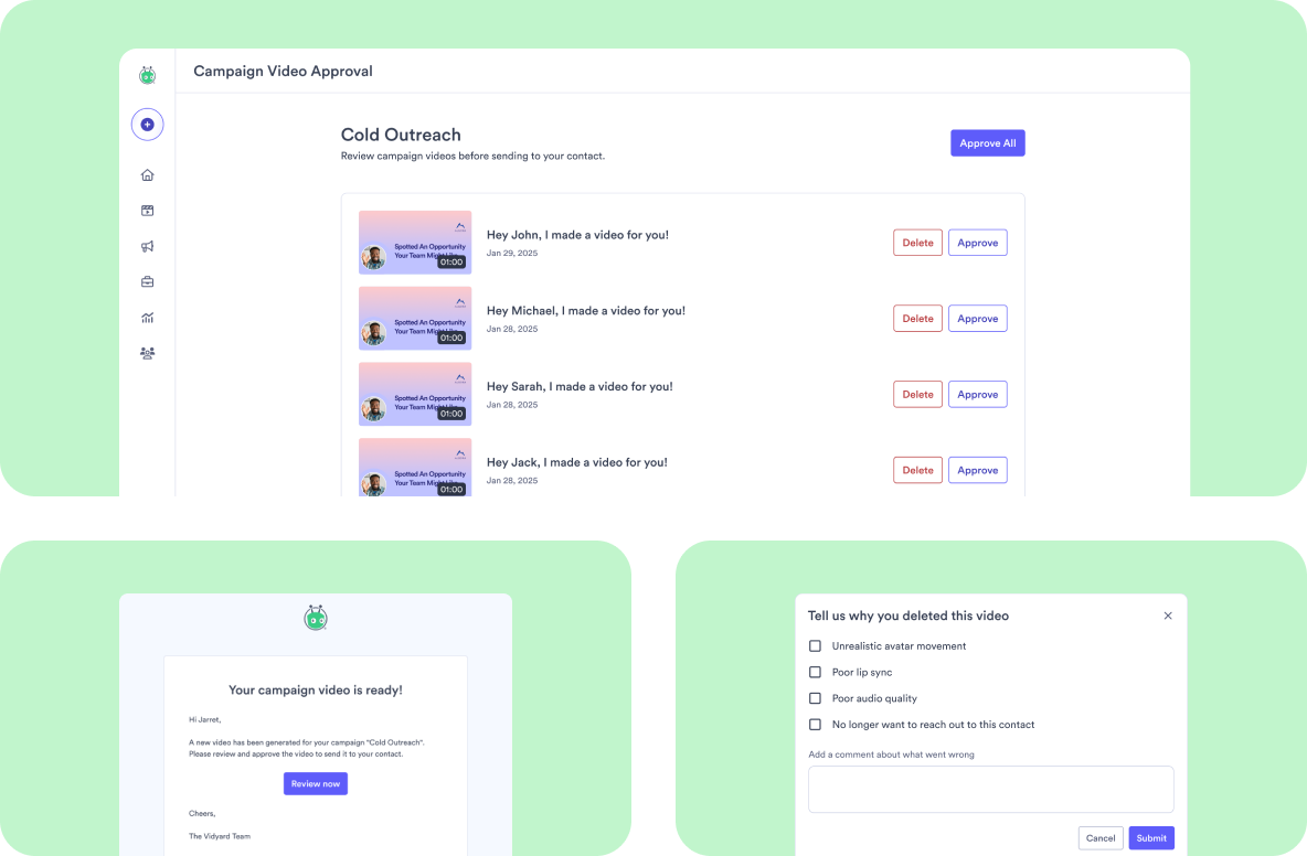 The optional review gate — a Campaign Video Approval page where each generated video is approved or deleted (with an Approve All), the email reviewers receive, and the decline-reason form: unrealistic avatar movement, poor lip sync, poor audio quality, or no longer want to reach out to this contact